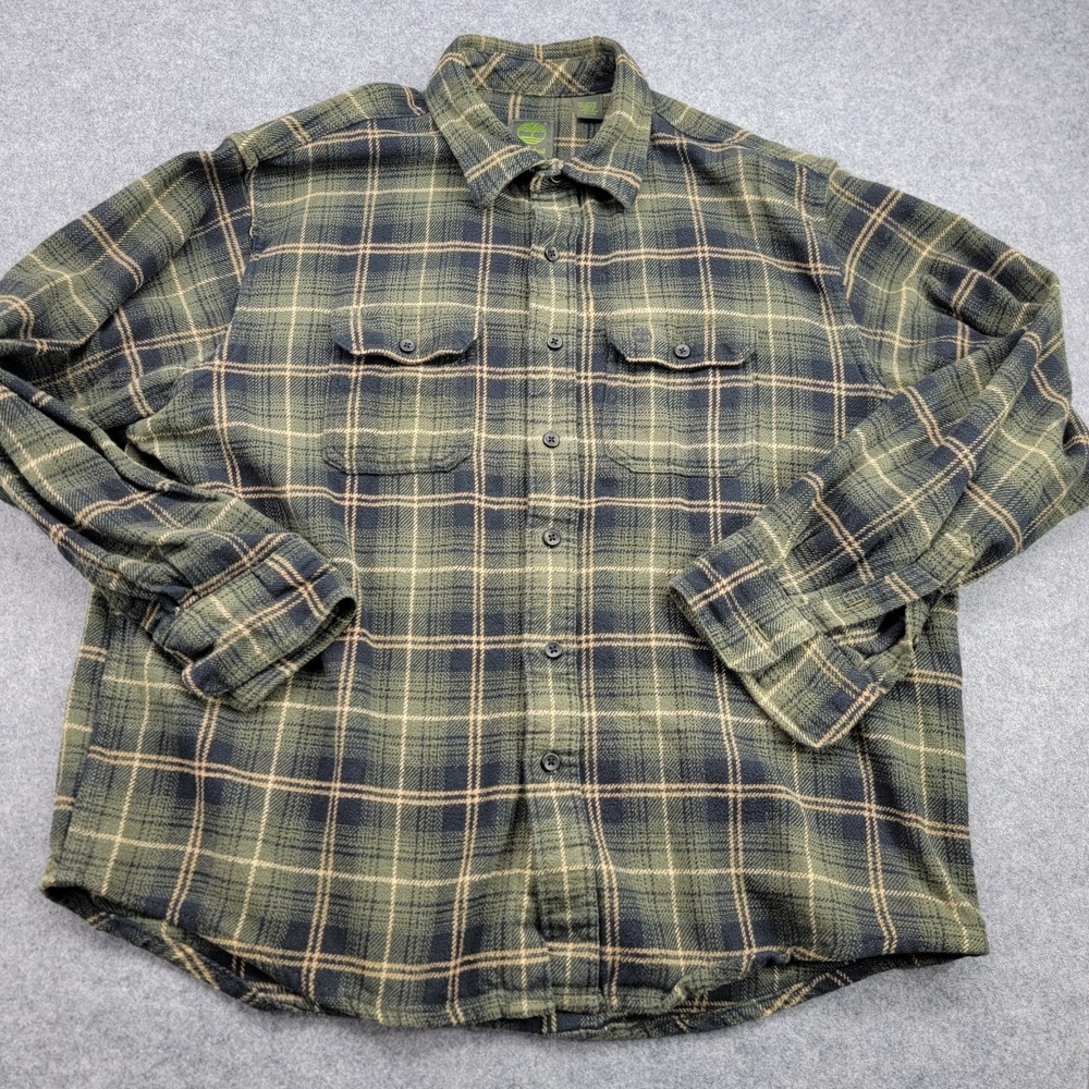 Timberland Long Sleeve Flannel Shirt, Green Plaid, Cotton, Men's Size XL